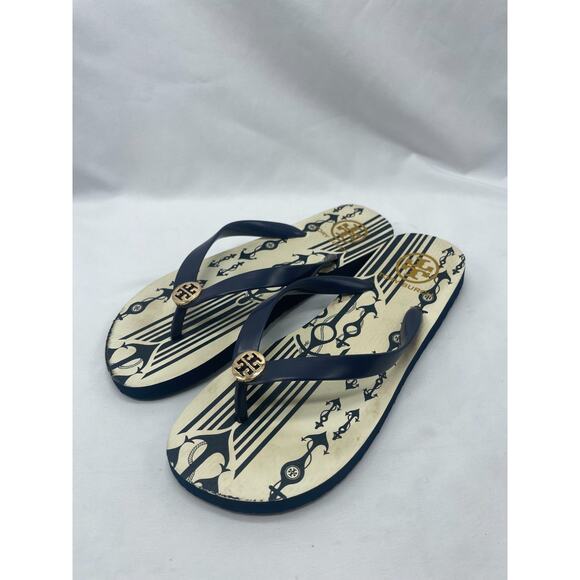 Tory Burch Navy and Cream Anchor Thong Flip Flops Size 8.5 - Picture 1 of 9